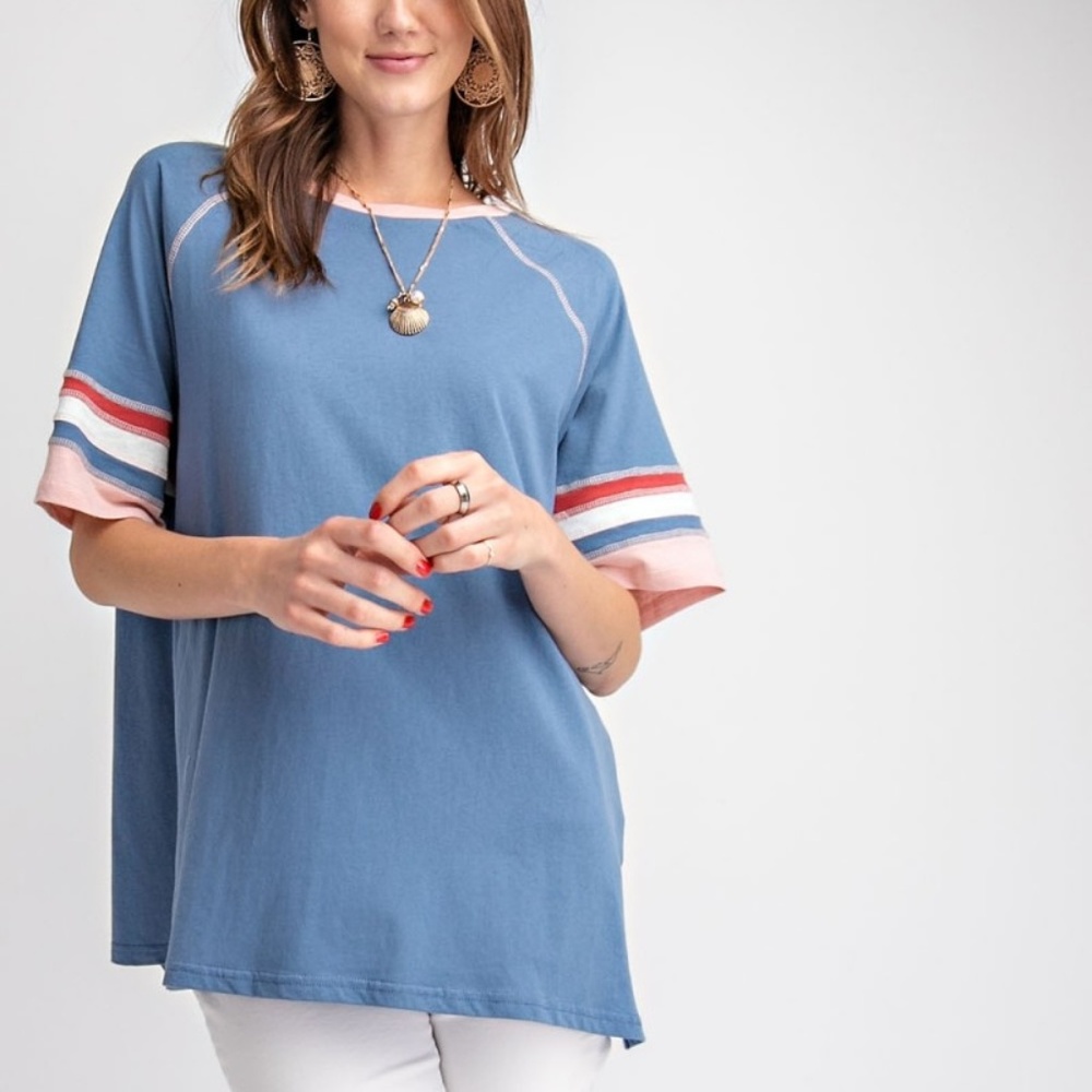 Faded Blue Tee with Light Pink Collar